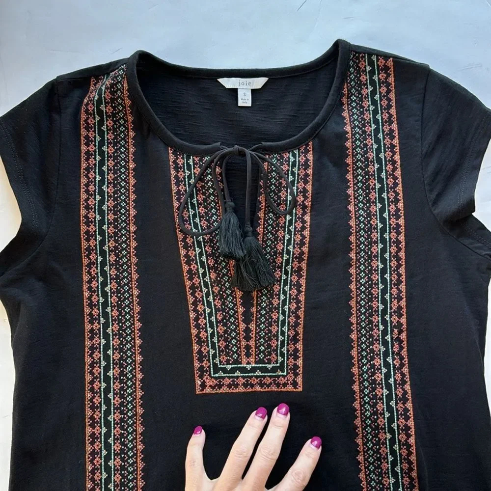 Joie Women Embroidered Detail Boho Cap Sleeve Mini Dress Black Size Small‎